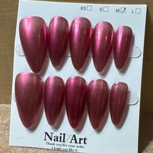 Metallic Pink Cat Eye Press On Nails Almond Shape Medium Size 10pc Set
